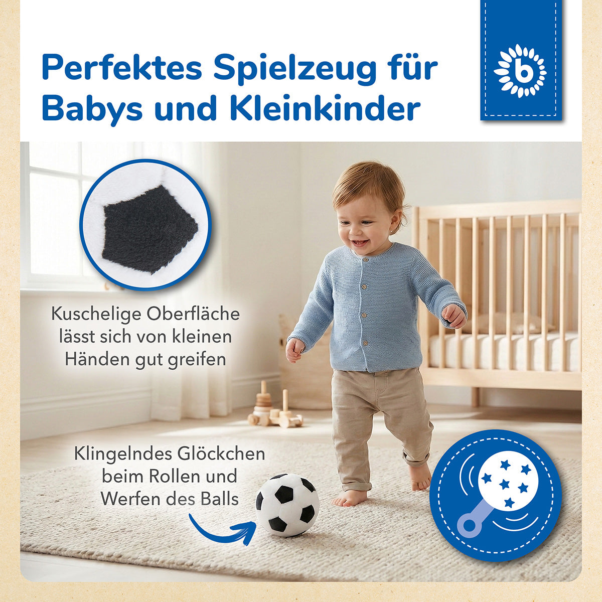 Veloursball Fußball mit Rassel