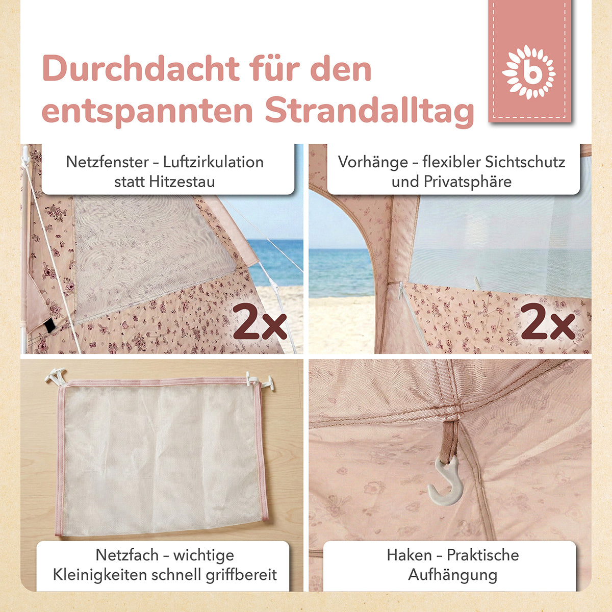 Strandzelt Dreamy Flowers – Strandmuschel mit Quick-Up System, UV-Schutz 80+ & Sichtschutz