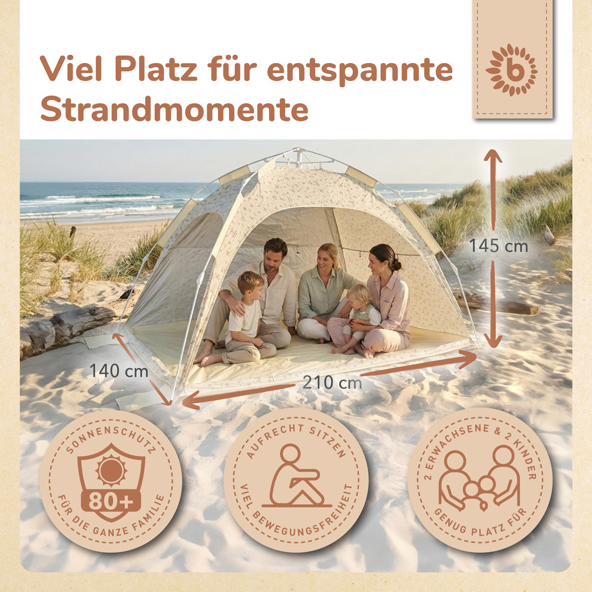 Strandzelt Vintage Flowers – Strandmuschel mit Quick-Up System, UV-Schutz 80+ & Sichtschutz