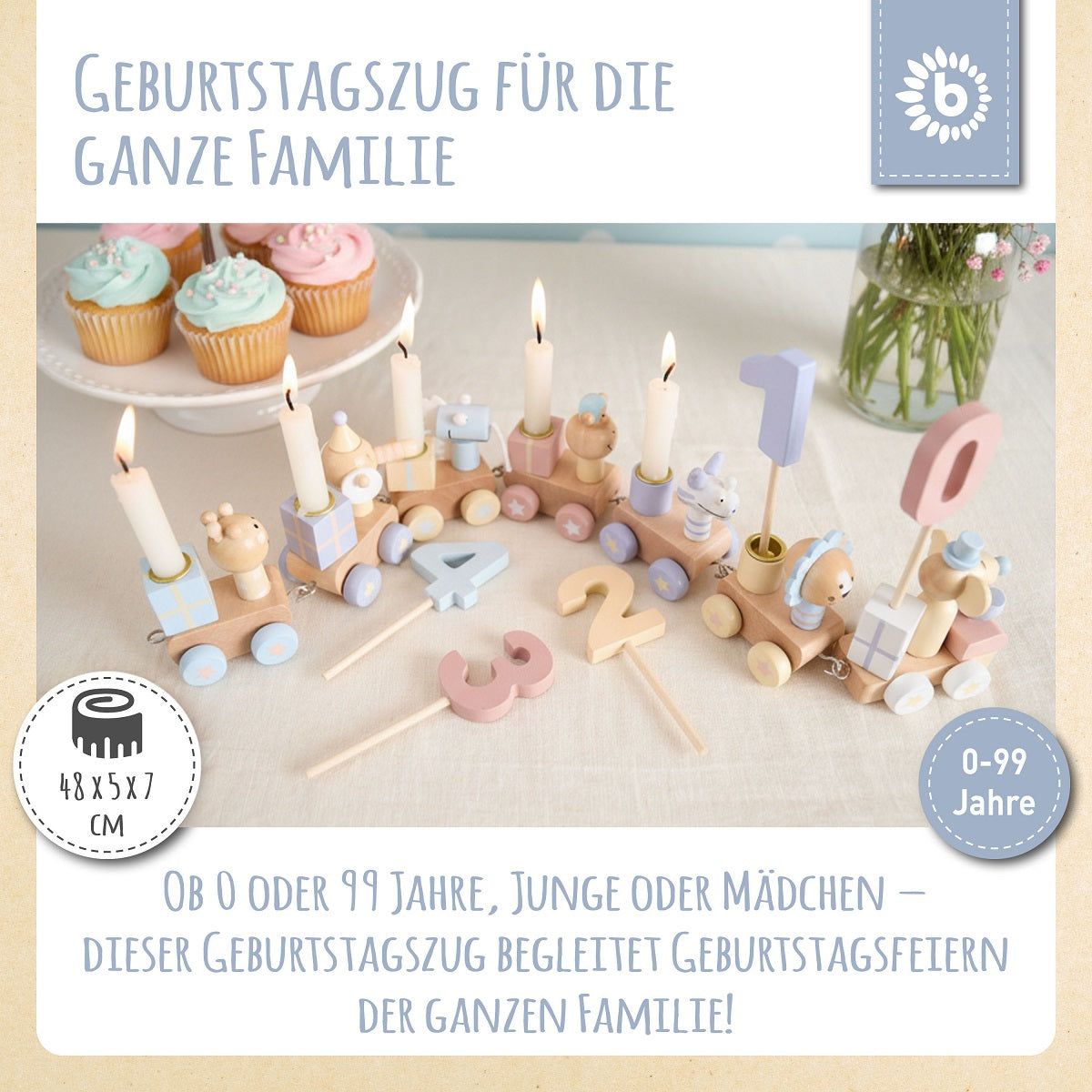 Geburtstagszug Holz Candy 0-99 Jahre mit 6 Kerzen