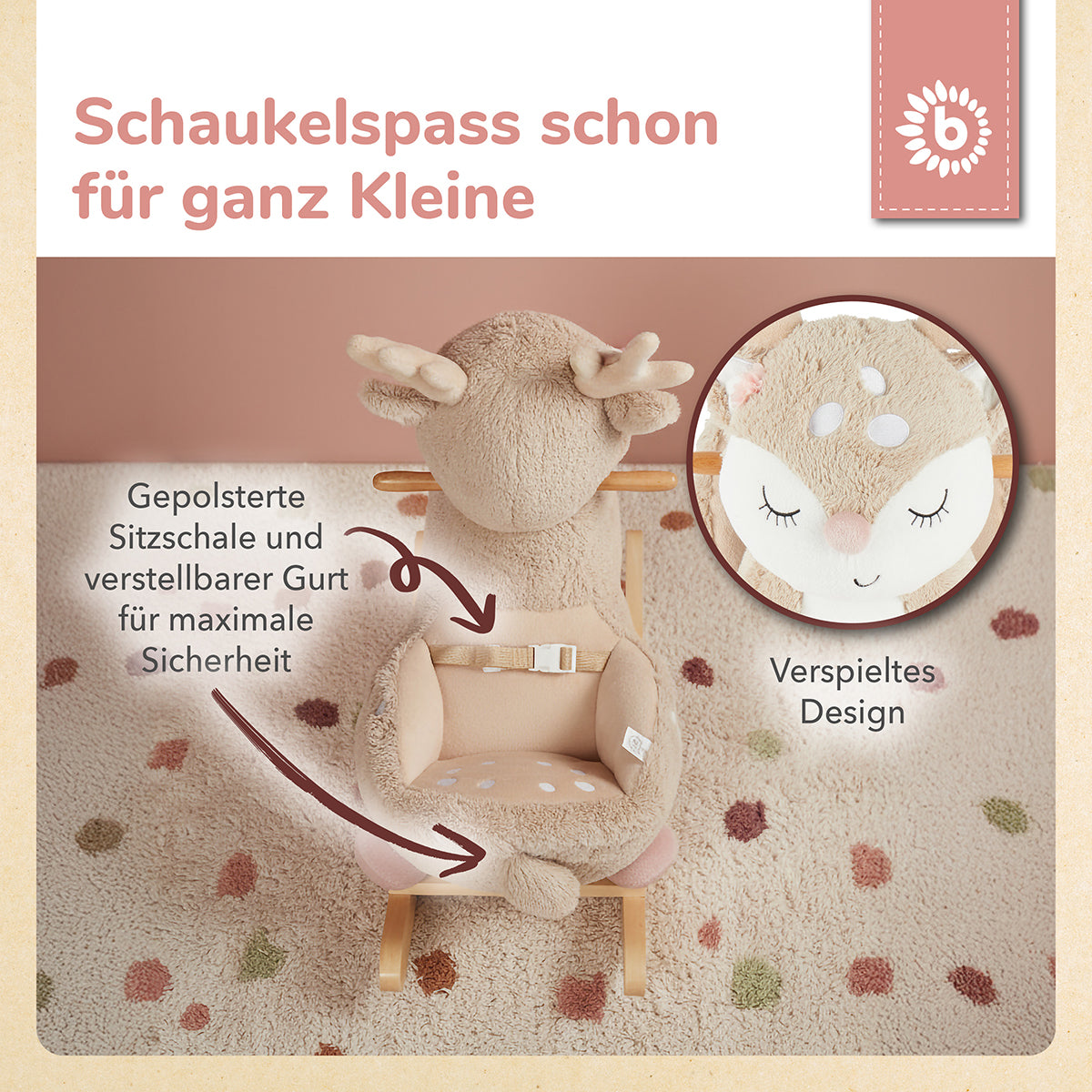 Infografik: Gepolsterte Sitzschale und verstellbarer Gurt für sicheres Schaukeln