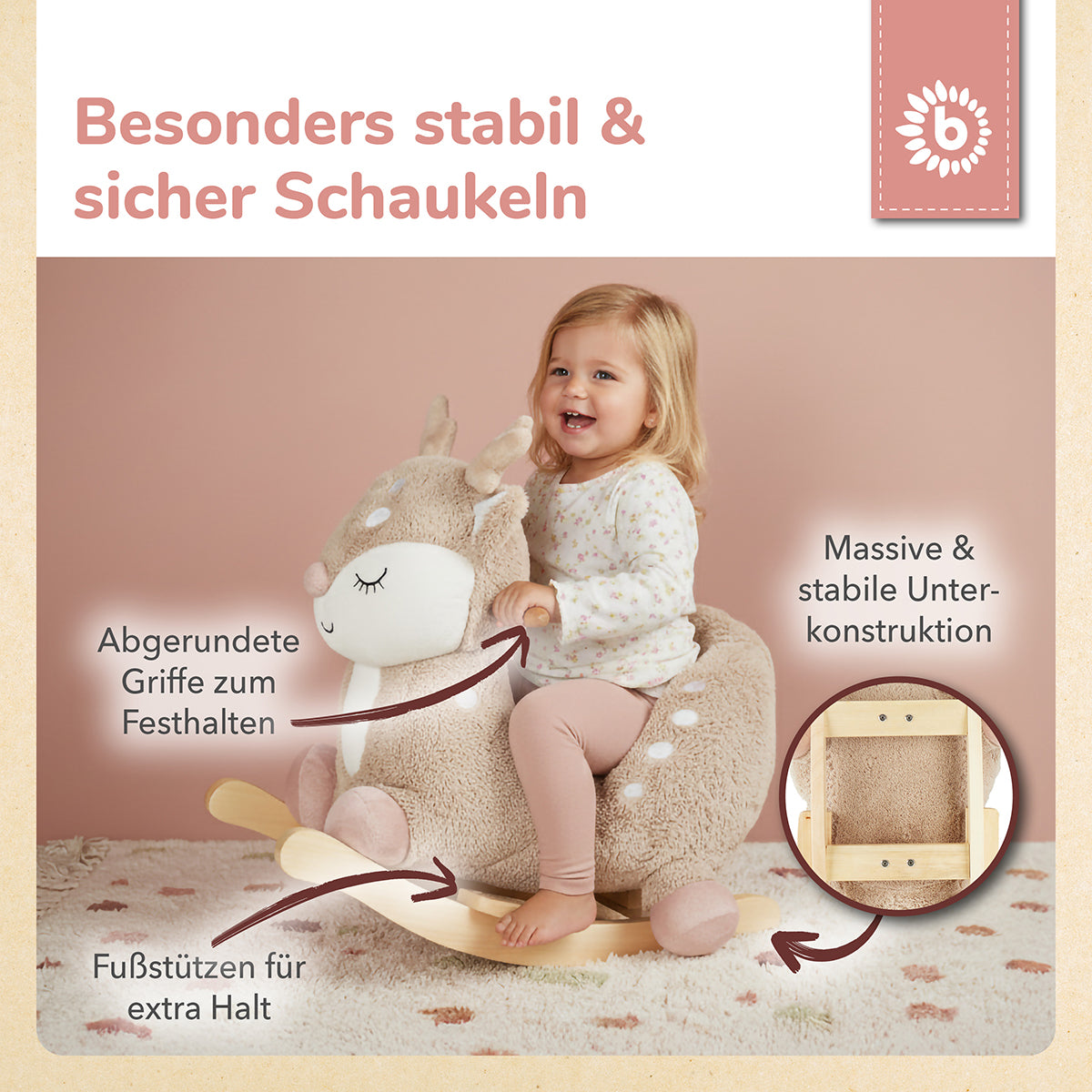 Infografik: Kind schaukelt auf Reh Ella – abgerundete Haltegriffe, Fußstützen und massive Unterkonstruktion