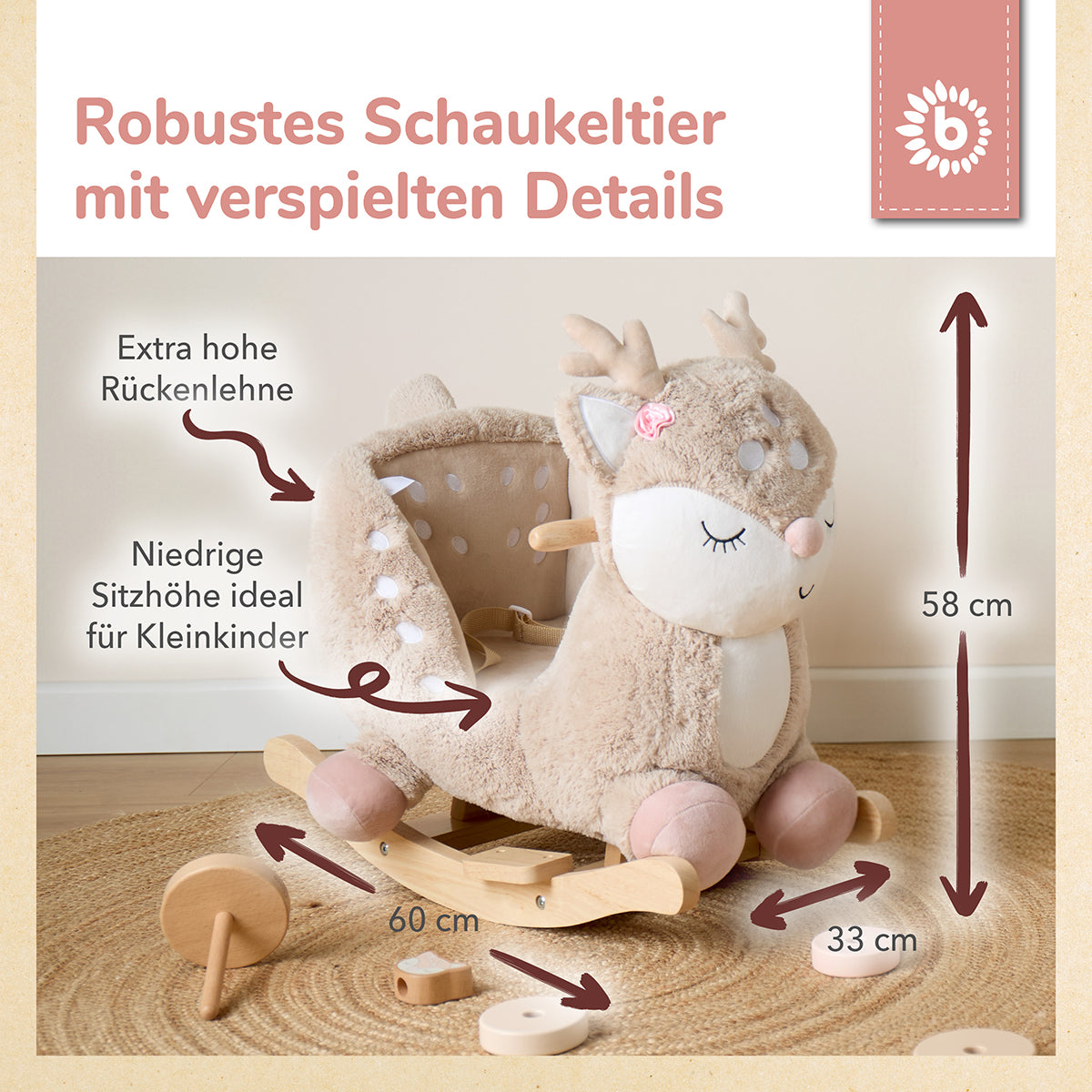 Infografik: Robustes Schaukeltier mit extra hoher Rückenlehne und niedriger Sitzhöhe für Kleinkinder