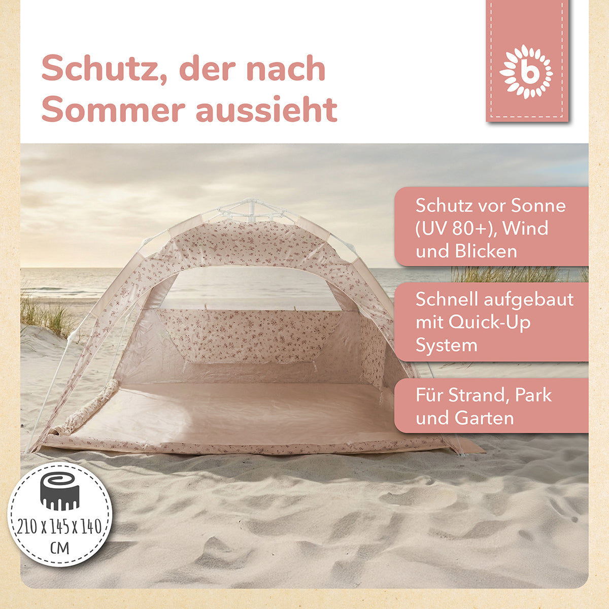 Strandzelt Dreamy Flowers – Strandmuschel mit Quick-Up System, UV-Schutz 80+ & Sichtschutz