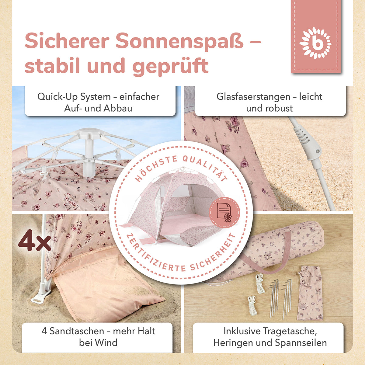 Strandzelt Dreamy Flowers – Strandmuschel mit Quick-Up System, UV-Schutz 80+ & Sichtschutz