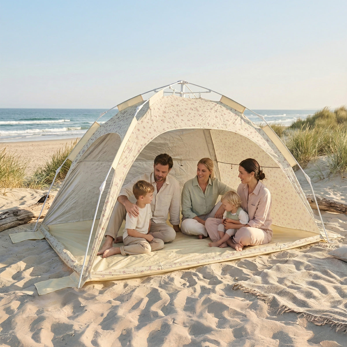 Strandzelt Vintage Flowers – Strandmuschel mit Quick-Up System, UV-Schutz 80+ & Sichtschutz