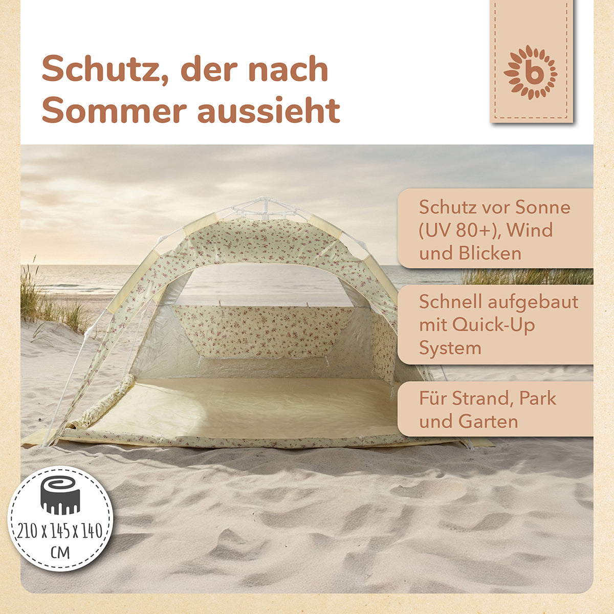 Strandzelt Vintage Flowers – Strandmuschel mit Quick-Up System, UV-Schutz 80+ & Sichtschutz