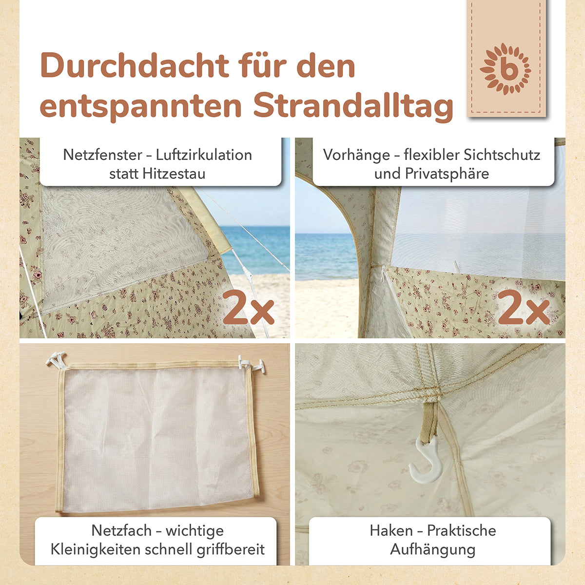 Strandzelt Vintage Flowers – Strandmuschel mit Quick-Up System, UV-Schutz 80+ & Sichtschutz