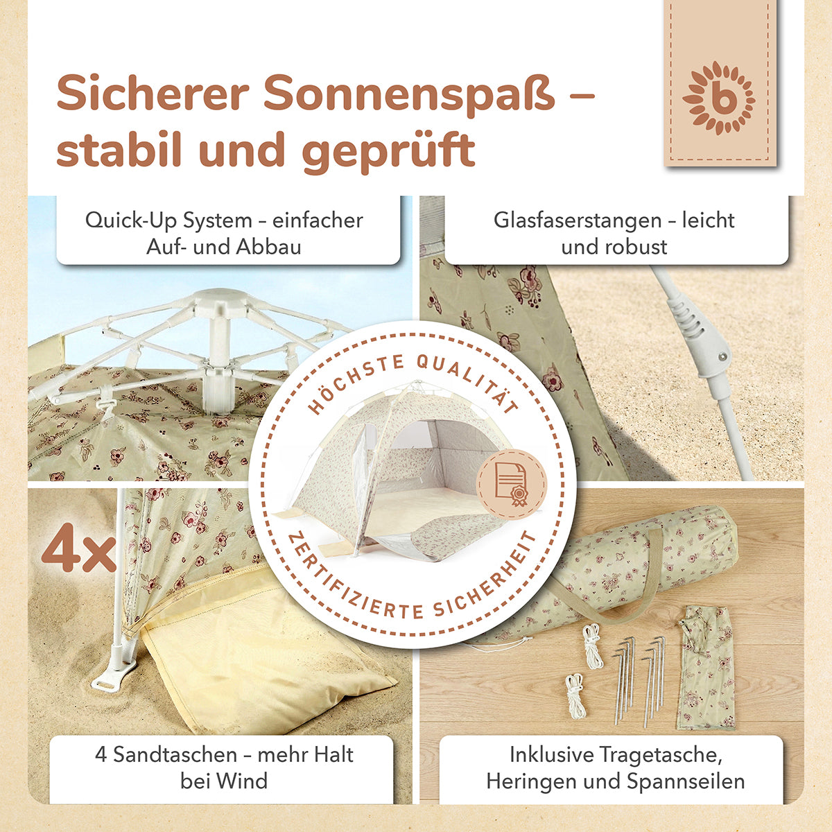 Strandzelt Vintage Flowers – Strandmuschel mit Quick-Up System, UV-Schutz 80+ & Sichtschutz