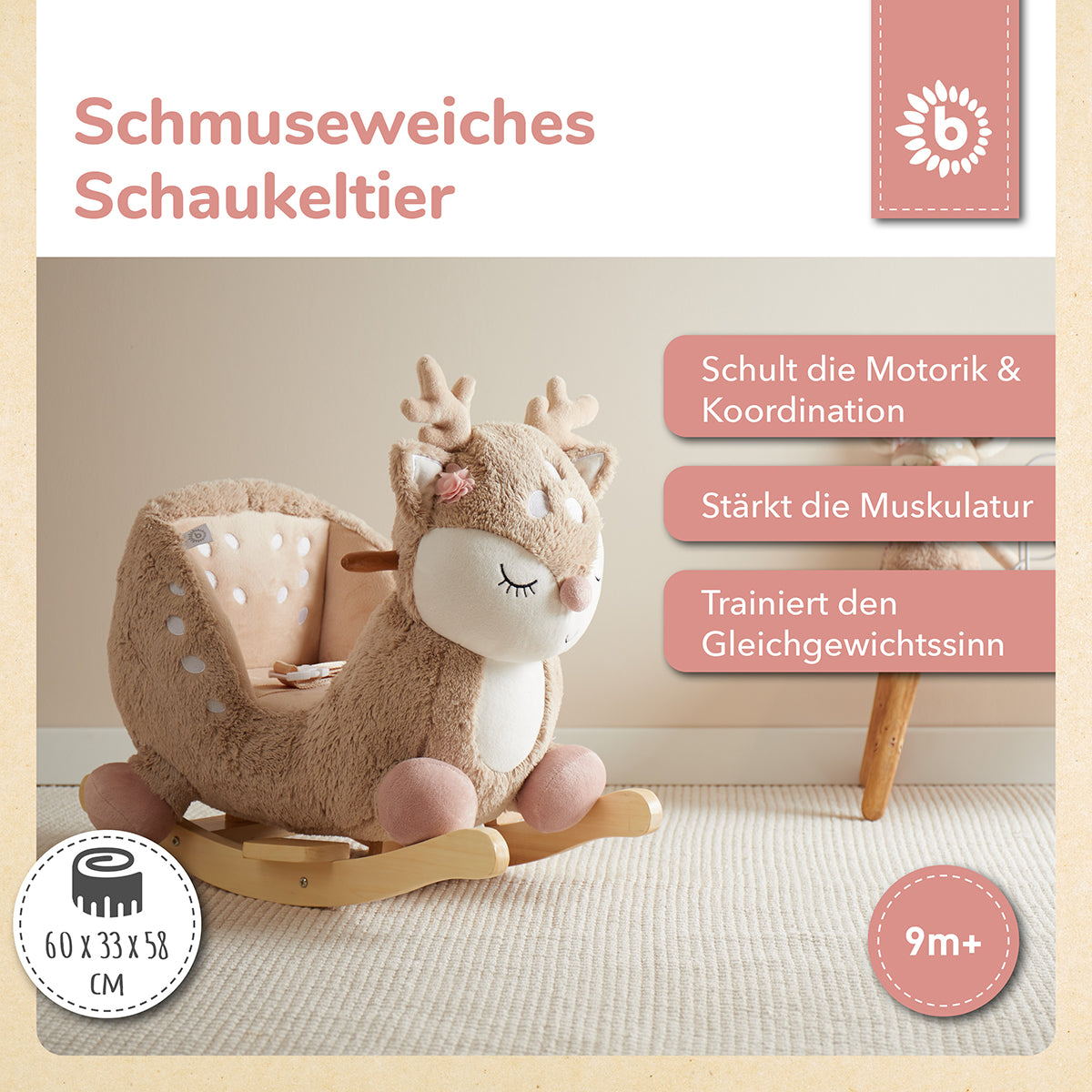 Infografik: Schmuseweiches Schaukeltier Ella schult Motorik, Koordination und Gleichgewichtssinn – ab 9 Monaten